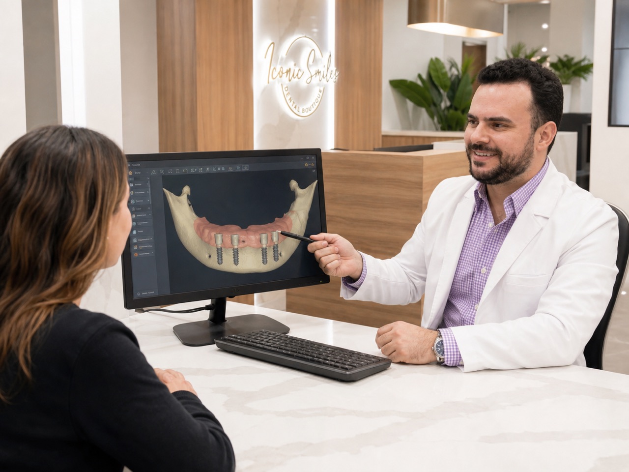 Dr. Daniel Avezoff reviewing an implant plan with a patient