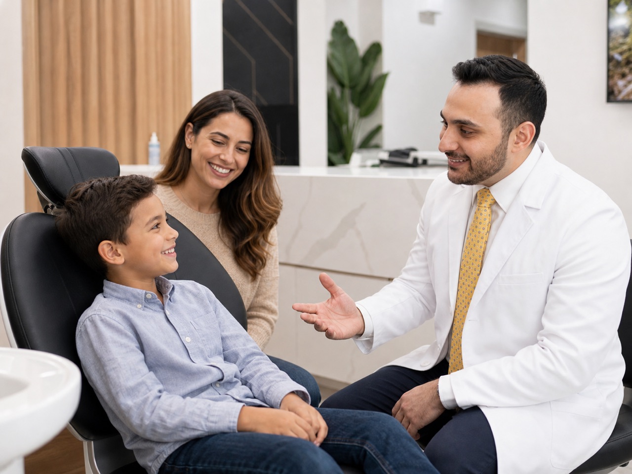 Dr. Jacob Pleshty talking with a child and parent
